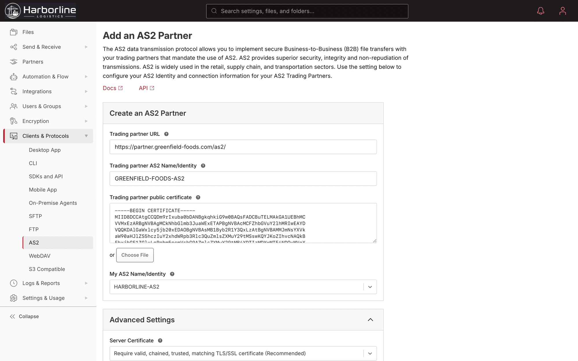 The Files.com AS2 partner configuration: per-partner endpoint, encryption and signing certificates, and MDN receipt settings