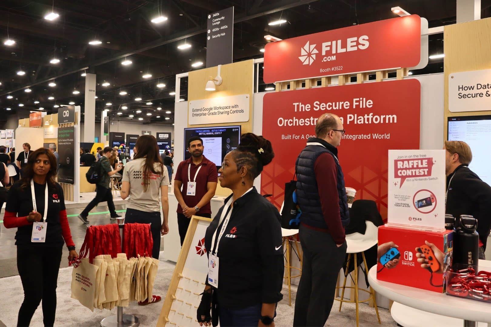 The Files.com booth at Google Cloud Next, showing the Secure File Orchestration Platform and Extend Google Workspace messaging